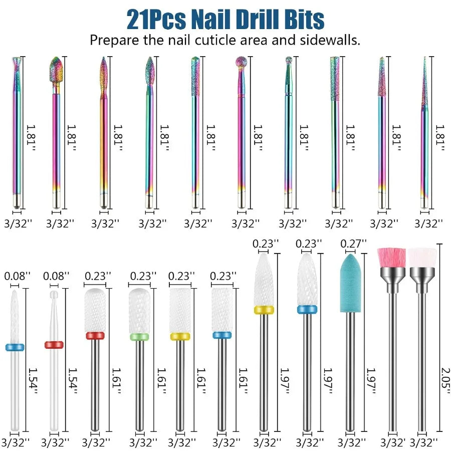 21pcs Nail Drill Bits Sets 3 32 Inch Cuticle Electric Nail File and Ceramic Acrylic Gel Nail Bit Kit Acrylic Nail Art Tools Car