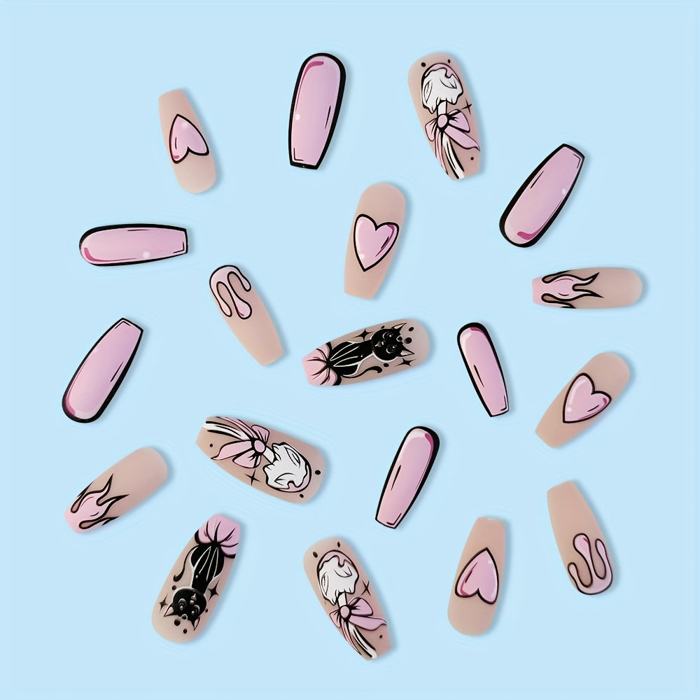24pcs Chic Cat & Heart Design Coffin Press-On Nails - Long Ballet Shape, Glossy Finish with Pink Accents, Flame & Animal Patterns - Includes Nail File & Jelly Gel for Women and Girls