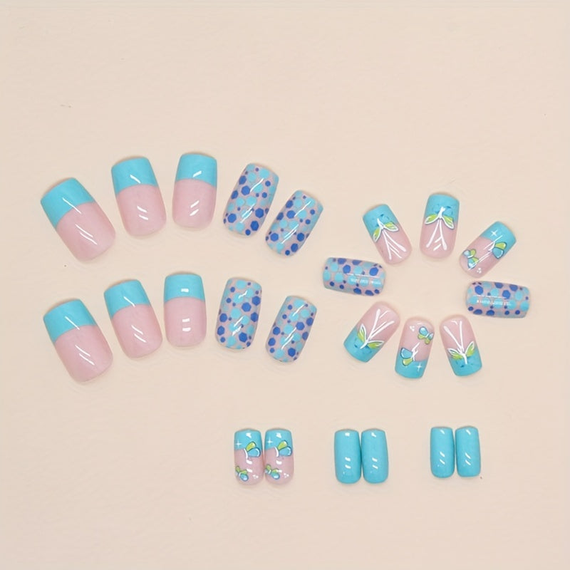 Fresh Natural Blue-Green Butterfly Nail Art European Square Medium-Long False Nails Lake Green French Wearable Nail Plate Nail Wearable Nail Patch Nail Art Patch