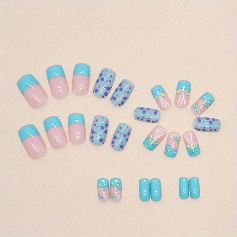 Fresh Natural Blue-Green Butterfly Nail Art European Square Medium-Long False Nails Lake Green French Wearable Nail Plate Nail Wearable Nail Patch Nail Art Patch