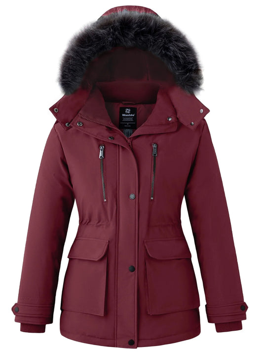Women'S Big and Tall Winter Coat Recycled Waterproof Puffer Jacket Windproof Hooded Parka Jacket Wine Red 2XL