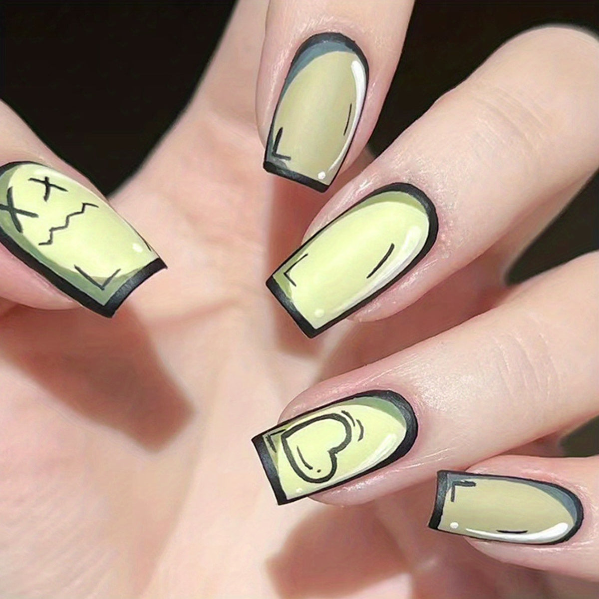 24pcs Chic Cat & Heart Design Coffin Press-On Nails - Long Ballet Shape, Glossy Finish with Pink Accents, Flame & Animal Patterns - Includes Nail File & Jelly Gel for Women and Girls