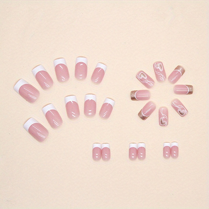 24pcs Short Square French Heart Press-On Nails - Glossy Pink & White Two-Tone Design with Golden Glitter Accents, Elegant and Simple Manicure for Casual Attire, Heart Nail Decoration