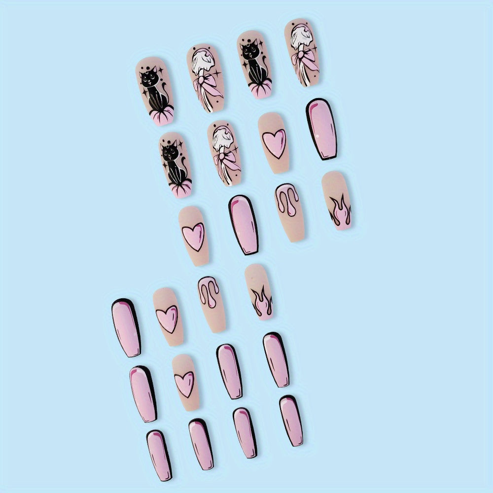 24pcs Chic Cat & Heart Design Coffin Press-On Nails - Long Ballet Shape, Glossy Finish with Pink Accents, Flame & Animal Patterns - Includes Nail File & Jelly Gel for Women and Girls