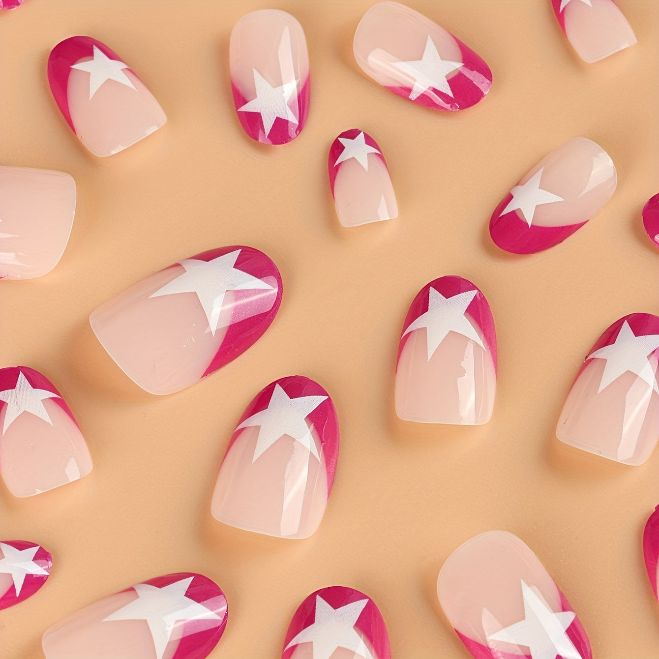 24pcs Pink French Tip Press On Nails Short Almond Fake Nails Glossy Full Cover Star Stick On Nails False Nails Tips Cute Acrylic Nails With Rose Red Edge Design, With 1 Nail File And 1 Nail Glue For Women