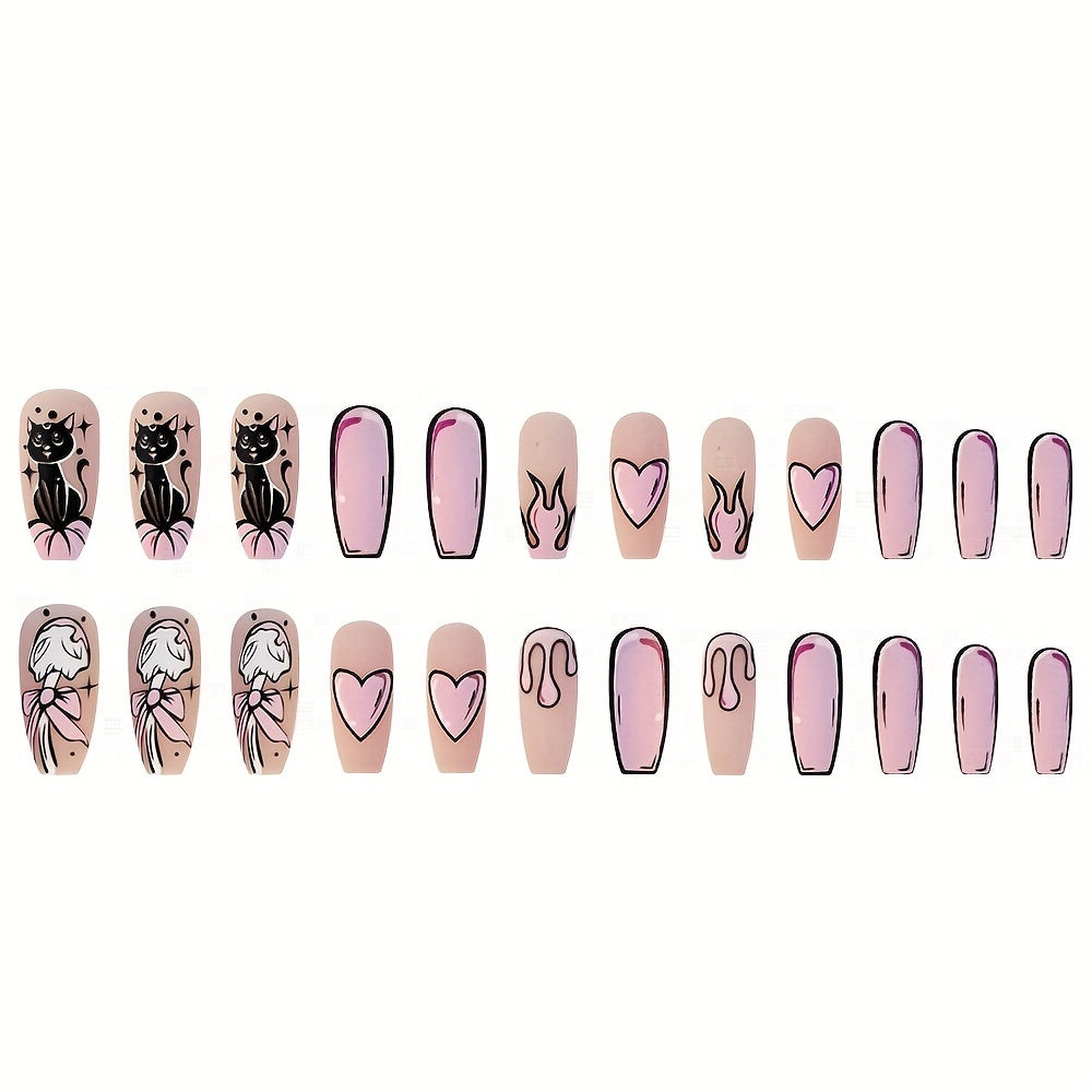 24pcs Chic Cat & Heart Design Coffin Press-On Nails - Long Ballet Shape, Glossy Finish with Pink Accents, Flame & Animal Patterns - Includes Nail File & Jelly Gel for Women and Girls