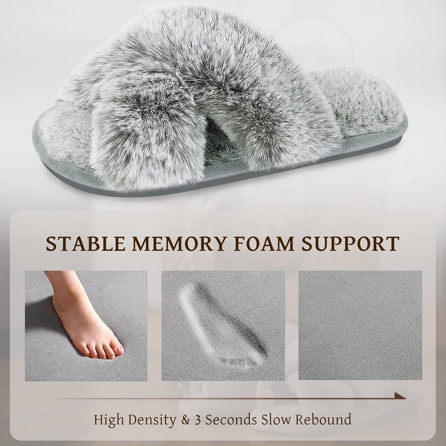 Womens Cross Band Slippers Cozy Furry Fuzzy House Slippers Open Toe Fluffy Indoor Shoes Outdoor Slip on Warm Breathable Anti-Skid Sole
