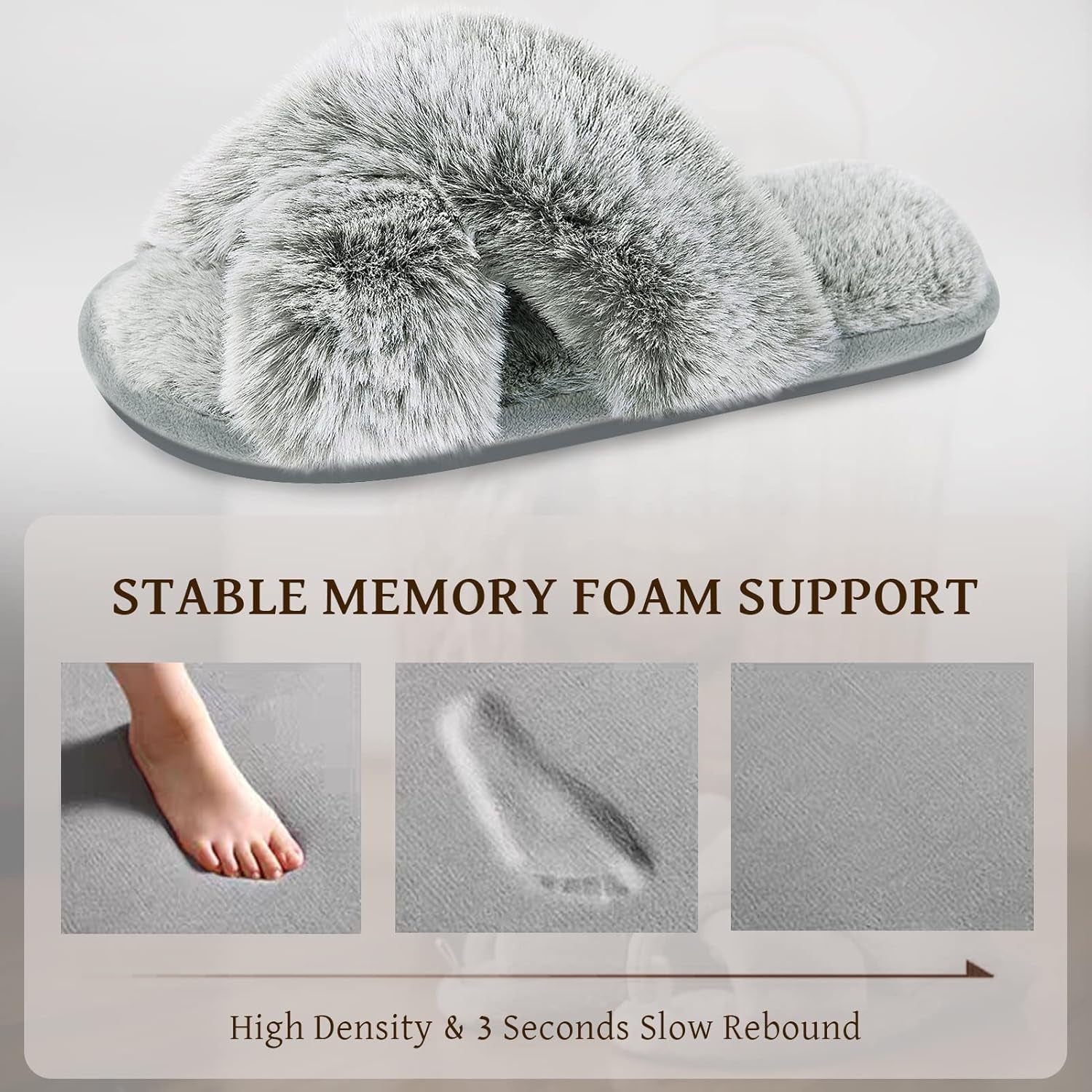 Womens Cross Band Slippers Cozy Furry Fuzzy House Slippers Open Toe Fluffy Indoor Shoes Outdoor Slip on Warm Breathable Anti-Skid Sole