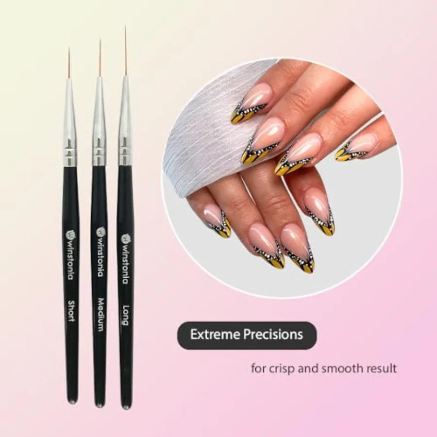 Striping Nail Art Brushes for Long Lines Details Fine Designs. 3 pcs Striper Brushes with Caps AMAZING TRIO