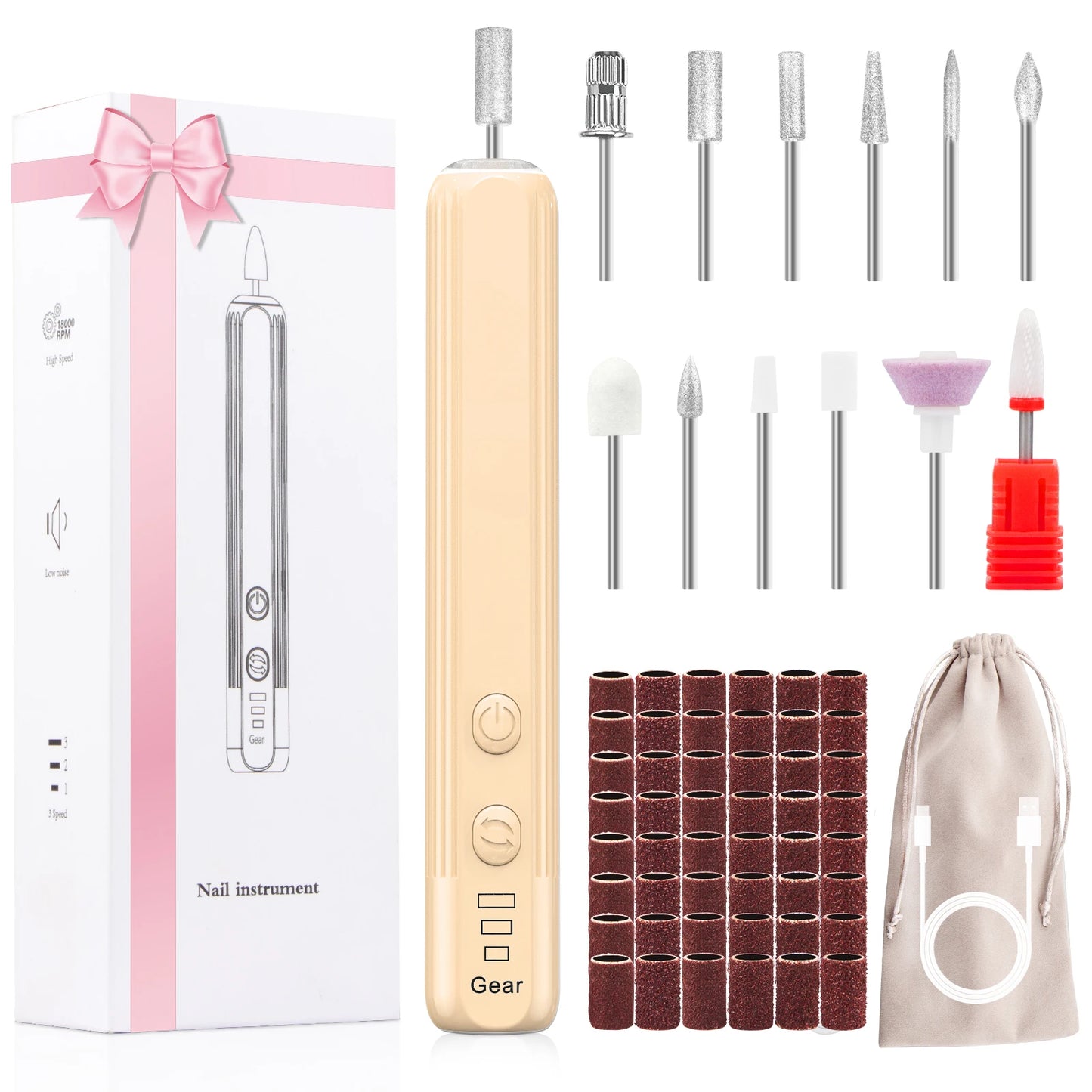 Professional Nail Drill Set, 2,0000 RPM Electric Nail File with 12 Grinding Head & 100Pcs Sanding Bands for Acrylic Gel Nails, M