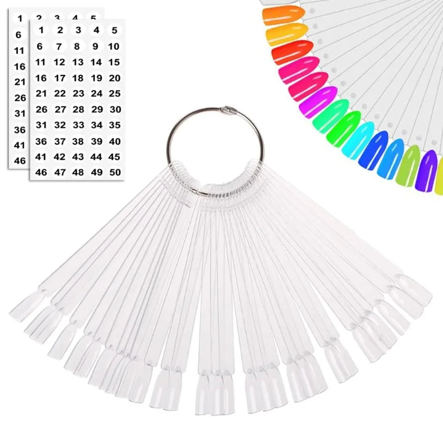 50 Pcs Nail Swatch Sticks with Ring and Numbered Tips Clear Fanshaped Display for Nail Art Polish Practice