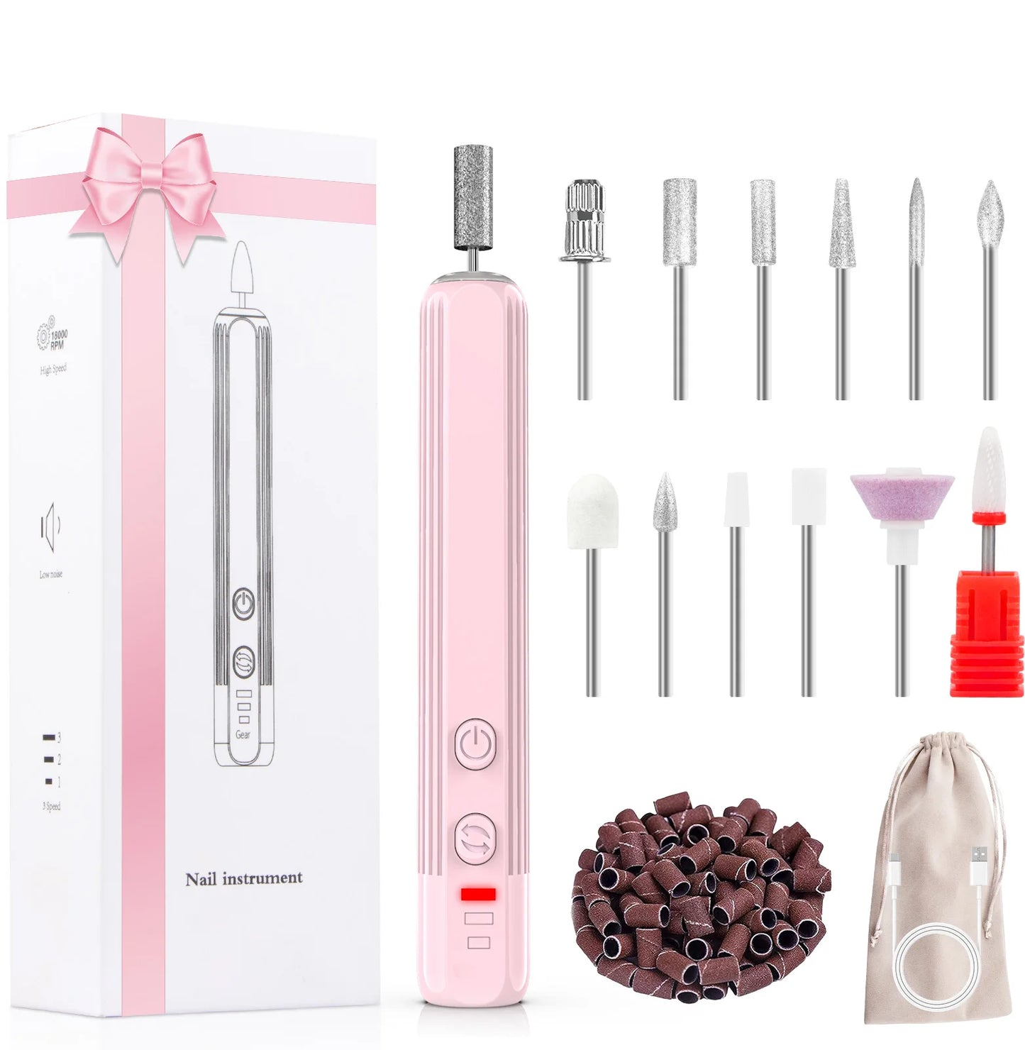 Professional Nail Drill Set, 2,0000 RPM Electric Nail File with 12 Grinding Head & 100Pcs Sanding Bands for Acrylic Gel Nails, M