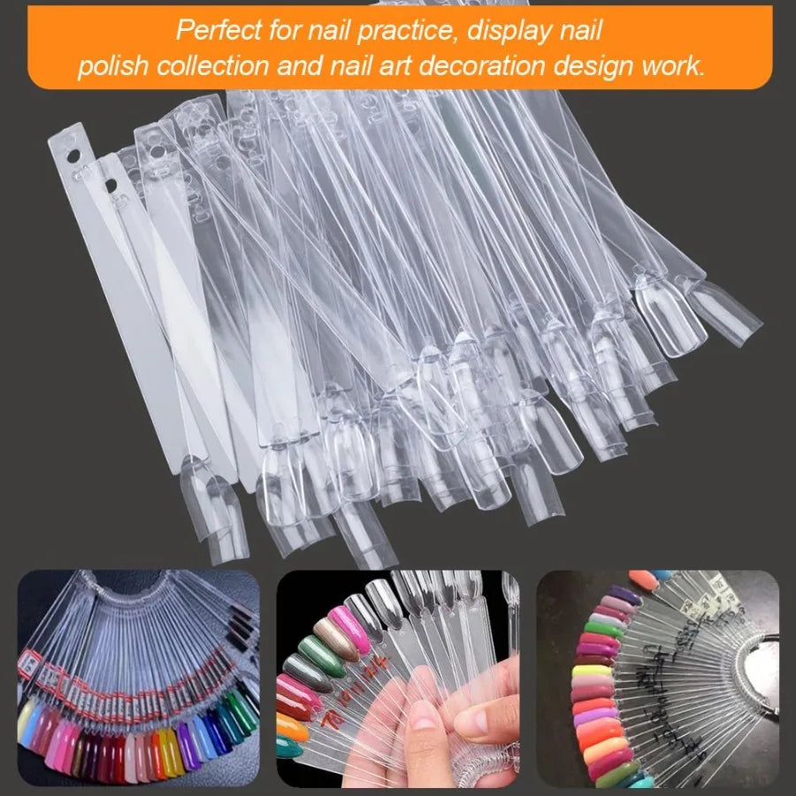 50 Pcs Nail Swatch Sticks with Ring and Numbered Tips Clear Fanshaped Display for Nail Art Polish Practice