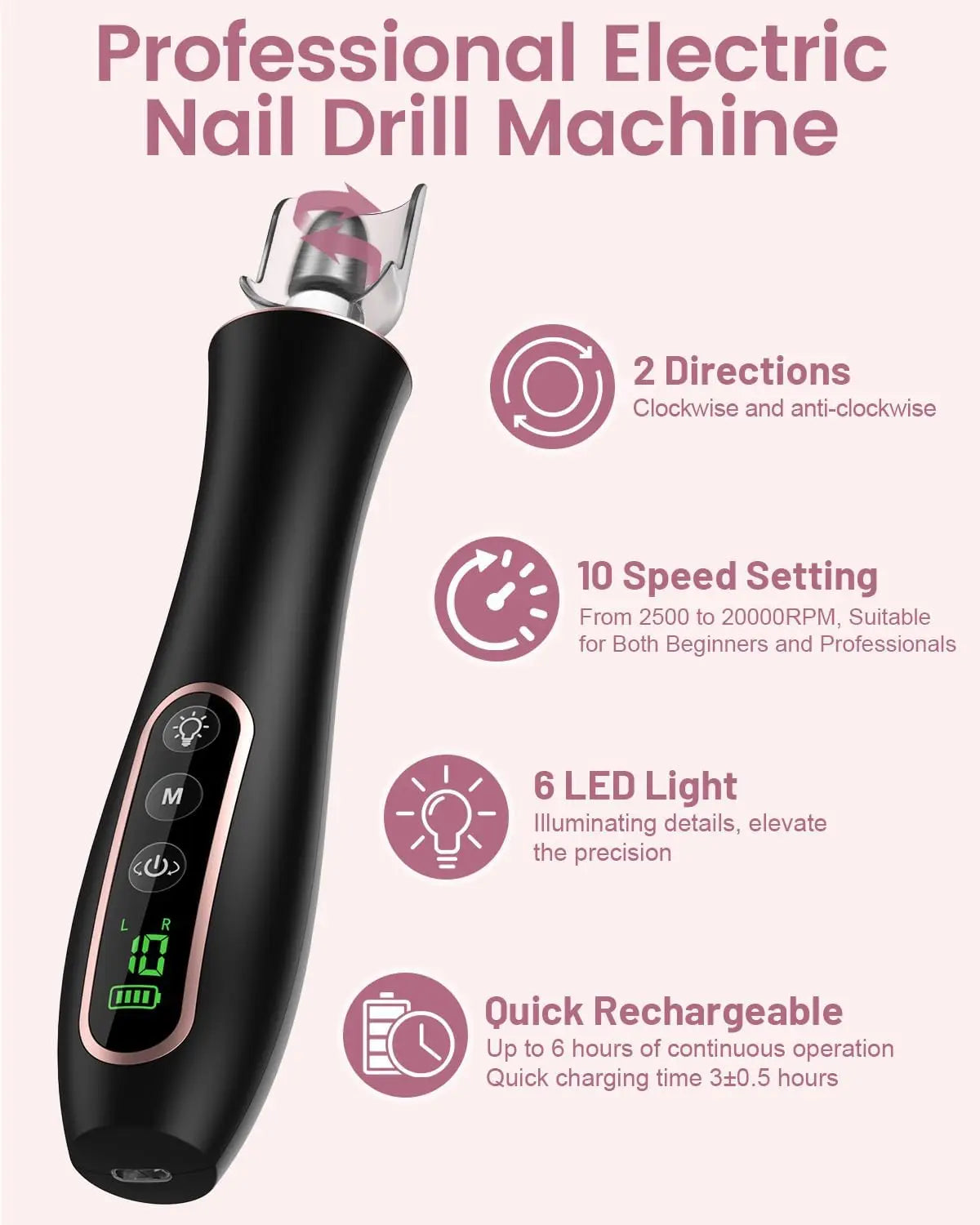 Professional Manicure Pedicure Kit, Cordless Electric Nail File Set, 10 Speeds PortableRechargeable Pedicure Tools For Feet