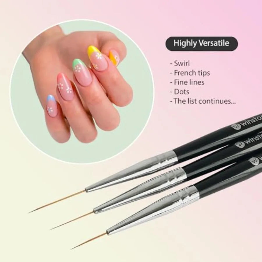 Striping Nail Art Brushes for Long Lines Details Fine Designs. 3 pcs Striper Brushes with Caps AMAZING TRIO