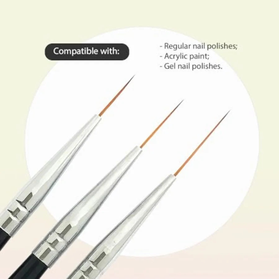 Striping Nail Art Brushes for Long Lines Details Fine Designs. 3 pcs Striper Brushes with Caps AMAZING TRIO