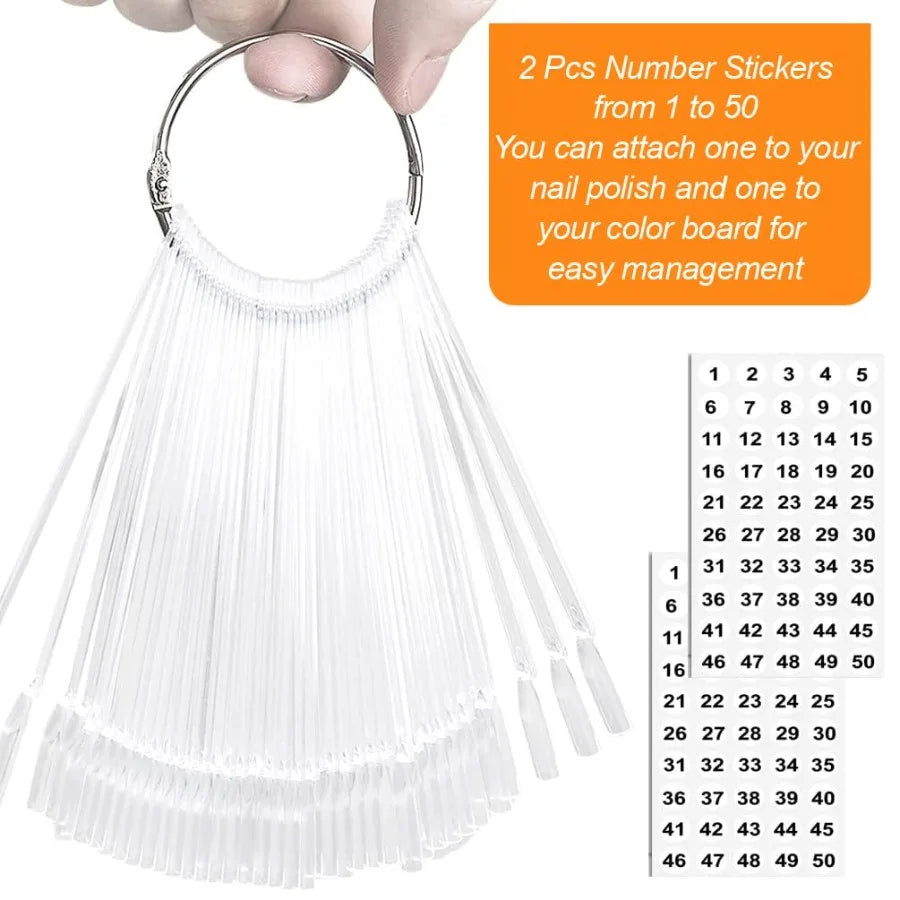 50 Pcs Nail Swatch Sticks with Ring and Numbered Tips Clear Fanshaped Display for Nail Art Polish Practice
