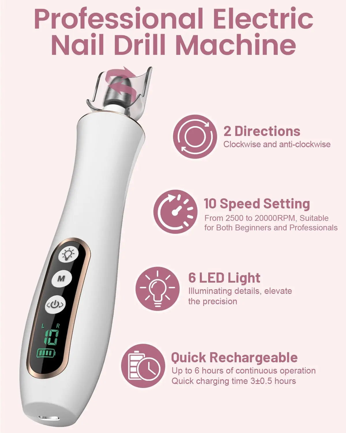 Professional Manicure Pedicure Kit, Cordless Electric Nail File Set, 10 Speeds PortableRechargeable Pedicure Tools For Feet