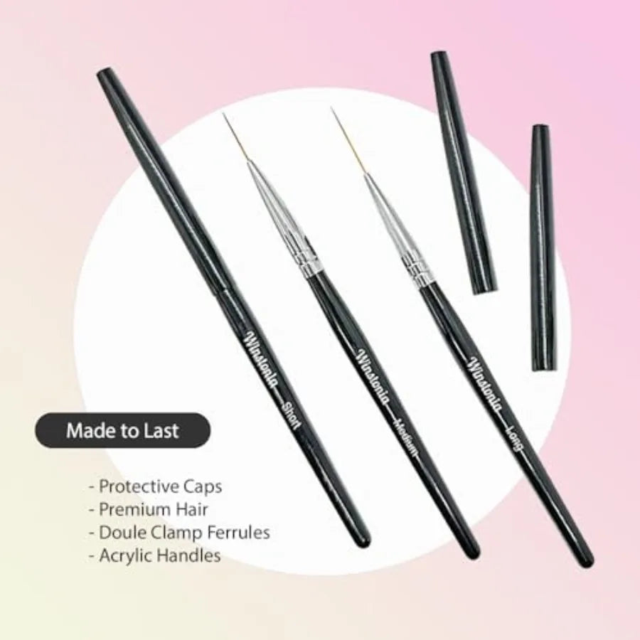 Striping Nail Art Brushes for Long Lines Details Fine Designs. 3 pcs Striper Brushes with Caps AMAZING TRIO