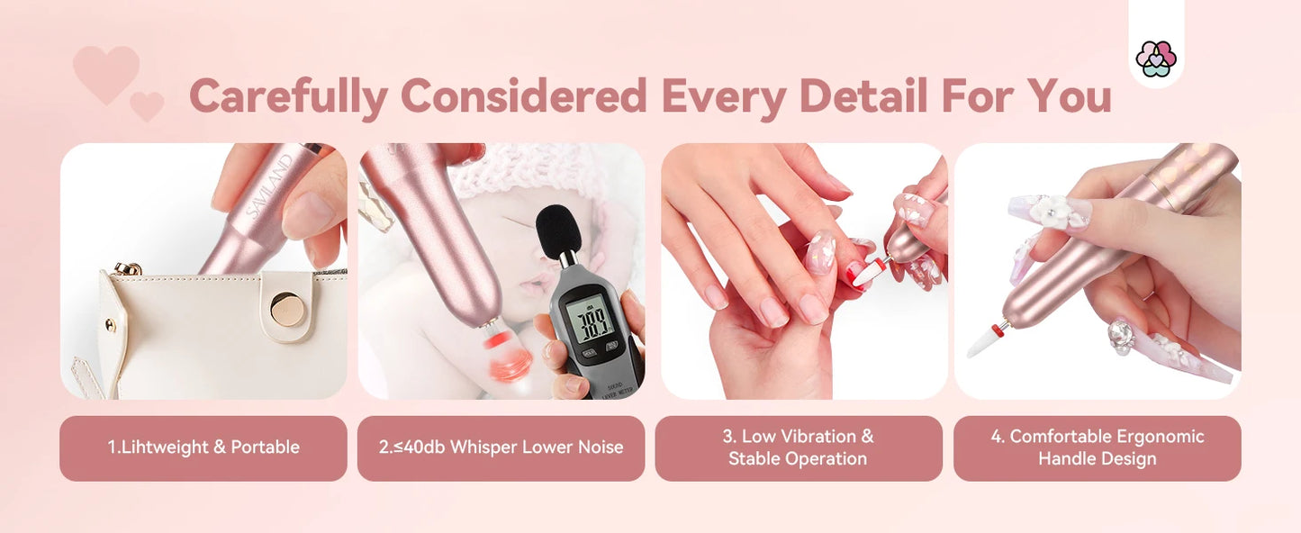 SAVILAND Acrylic Electric Nail Drill Machine Portable Efile Nail Drill Machine Complete Drill Bits for Remove Nails Manicure