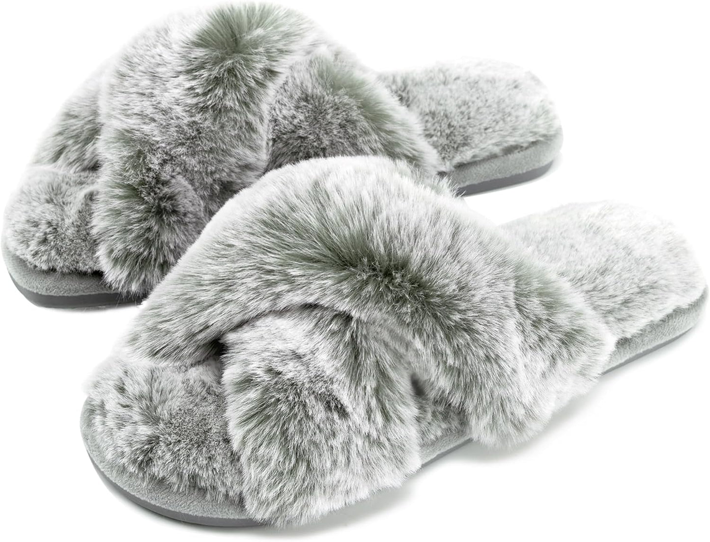 Womens Cross Band Slippers Cozy Furry Fuzzy House Slippers Open Toe Fluffy Indoor Shoes Outdoor Slip on Warm Breathable Anti-Skid Sole