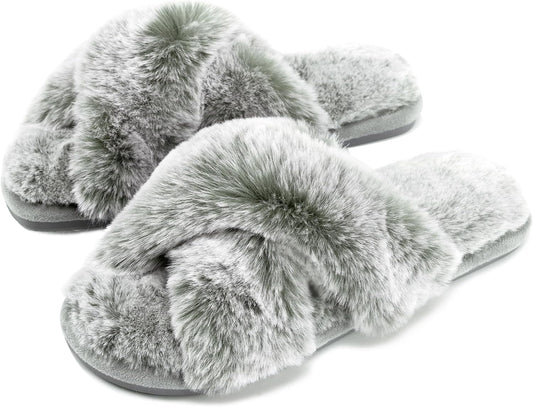 Womens Cross Band Slippers Cozy Furry Fuzzy House Slippers Open Toe Fluffy Indoor Shoes Outdoor Slip on Warm Breathable Anti-Skid Sole