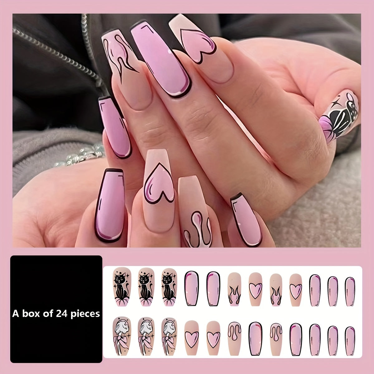 24pcs Chic Cat & Heart Design Coffin Press-On Nails - Long Ballet Shape, Glossy Finish with Pink Accents, Flame & Animal Patterns - Includes Nail File & Jelly Gel for Women and Girls